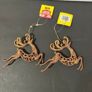 Bronze colored Glitter Leaping Reindeer Christmas Ornaments Pair Filigree NEW